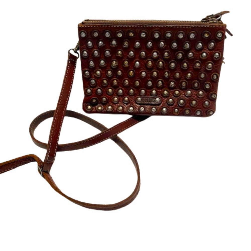 Frye Jenna Leather Crossbody Shoulder Bag Hammered Studs Chocolate Brown